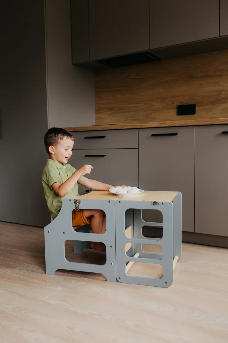 DUCK WOODWORKS Klappbarer Lernturm & Bastel-Tisch 2 in 1 Grau - Image 3